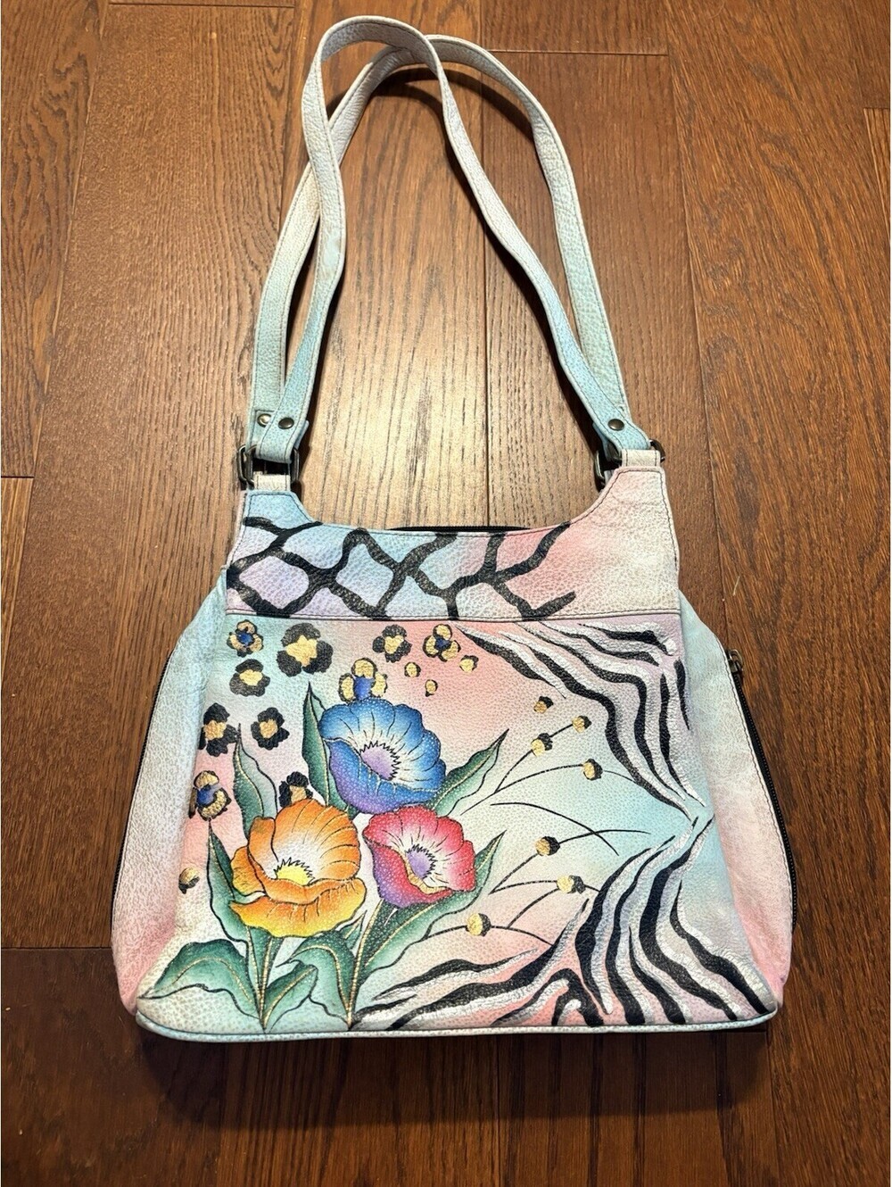 Anuschka shoulder Bag Hand Painted Leather Purse 3 compartments Safari Flower